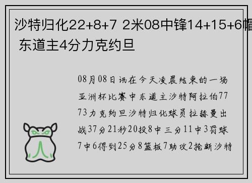 沙特归化22+8+7 2米08中锋14+15+6帽 东道主4分力克约旦